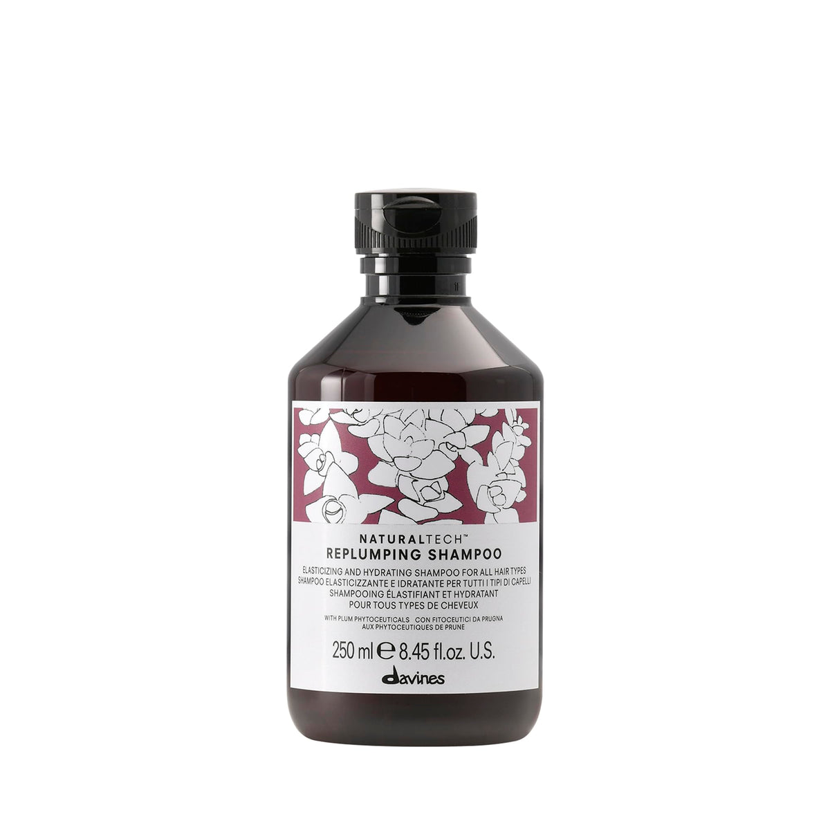 Davines replumping shampoo bottle front view showing premium packaging and salon-grade performance