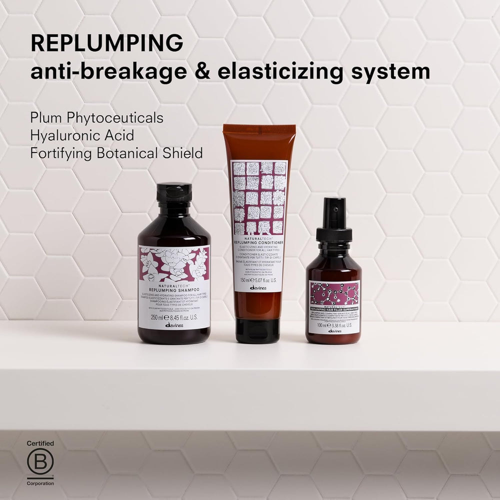 Davines replumping shampoo before and after hair comparison showing fuller-looking, bouncier hair