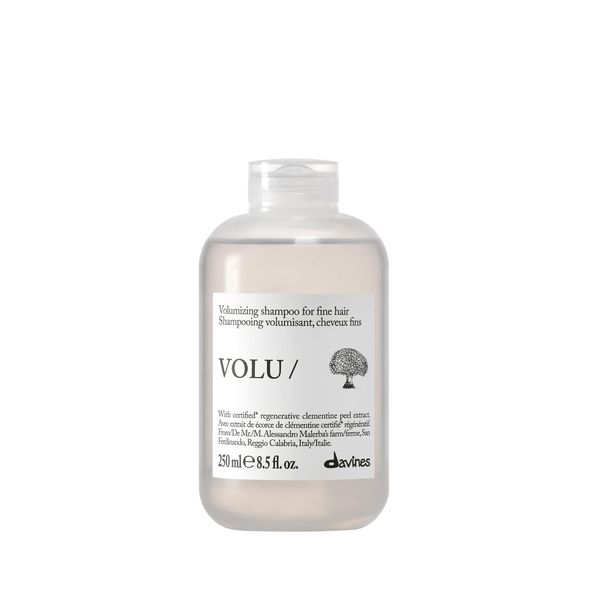 Davines VOLU/ shampoo front bottle showing branding and size benefits