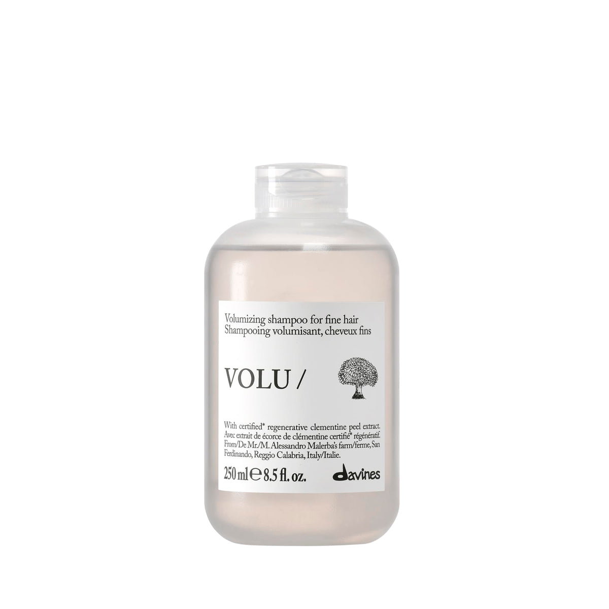 Davines VOLU/ shampoo front bottle showing branding and size benefits