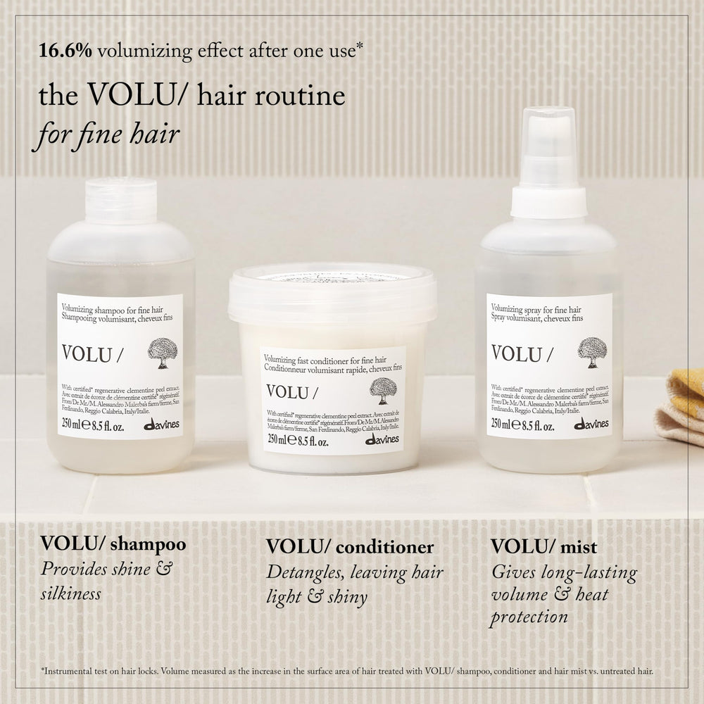 Davines VOLU/ shampoo on bathroom shelf in lifestyle setting for everyday use benefit