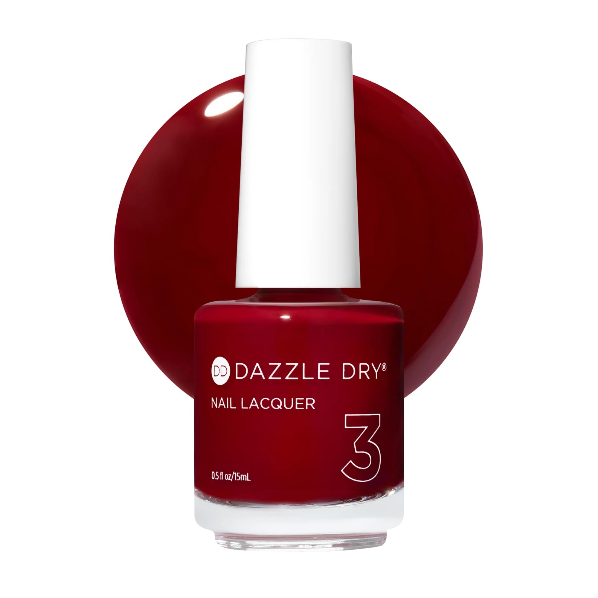 Dazzle Dry bottle front view showing deep wine-red lacquer and label benefit
