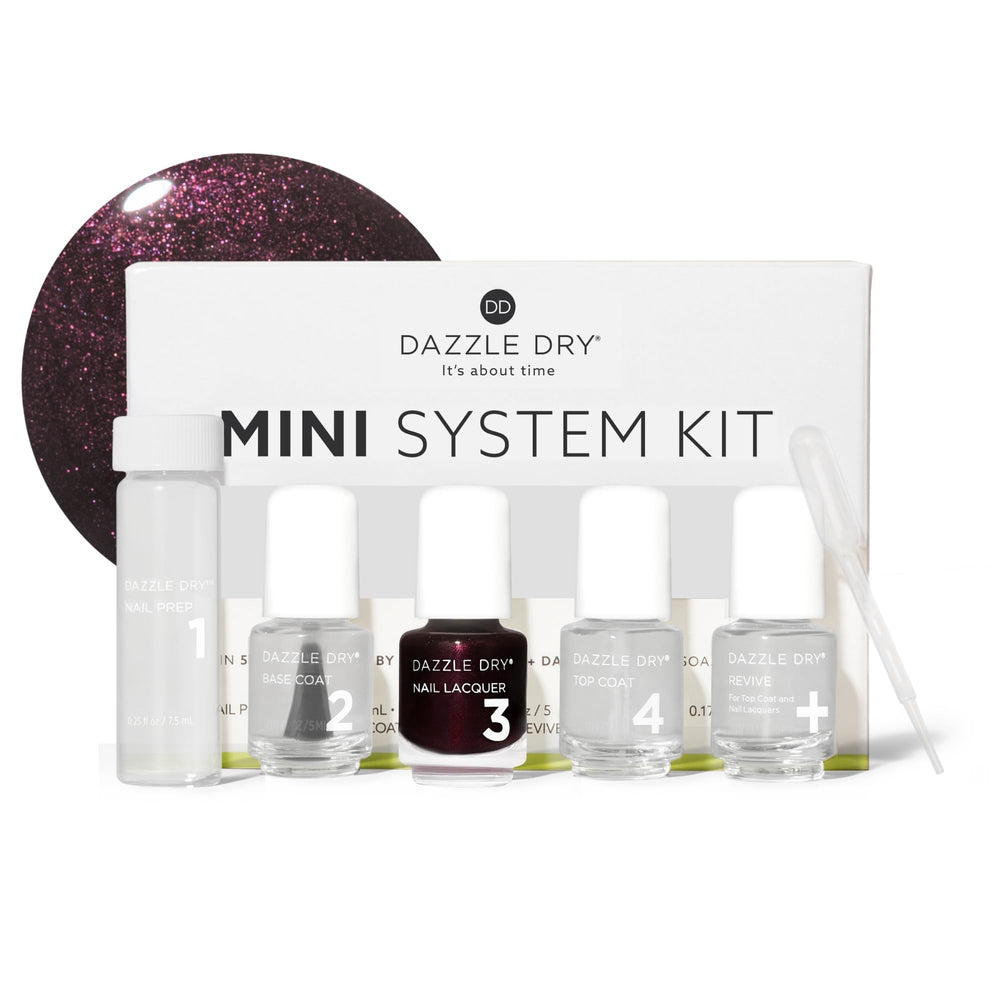 Dazzle Dry front packaging showing Merlot mini kit benefits