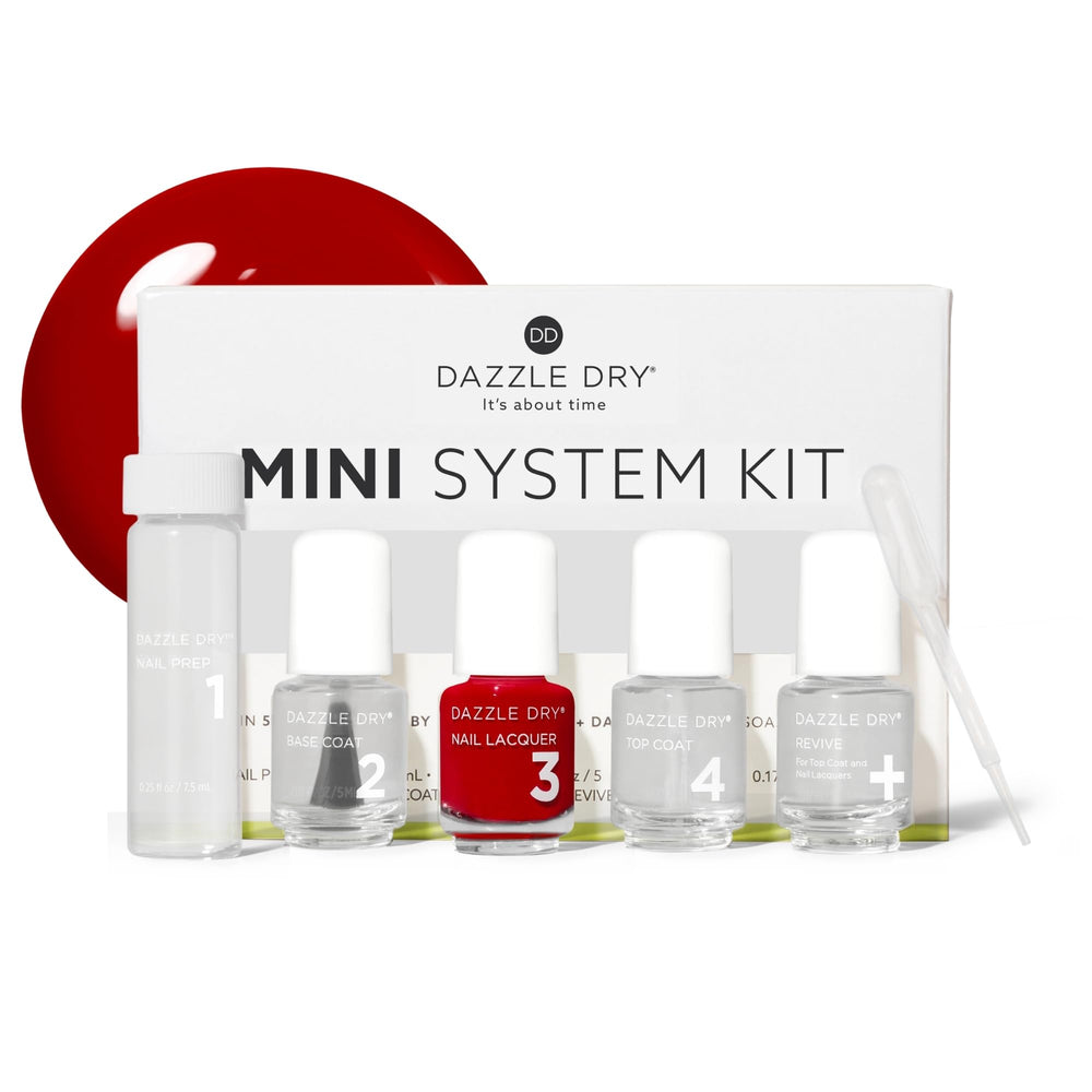 Dazzle Dry front packaging showing compact five-piece kit and quick benefits
