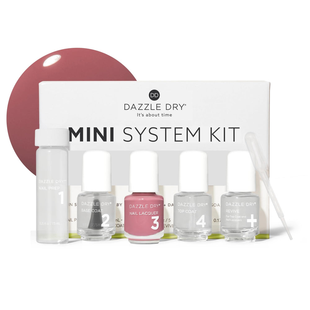Dazzle Dry front packaging showing the mini 5-piece kit and benefits