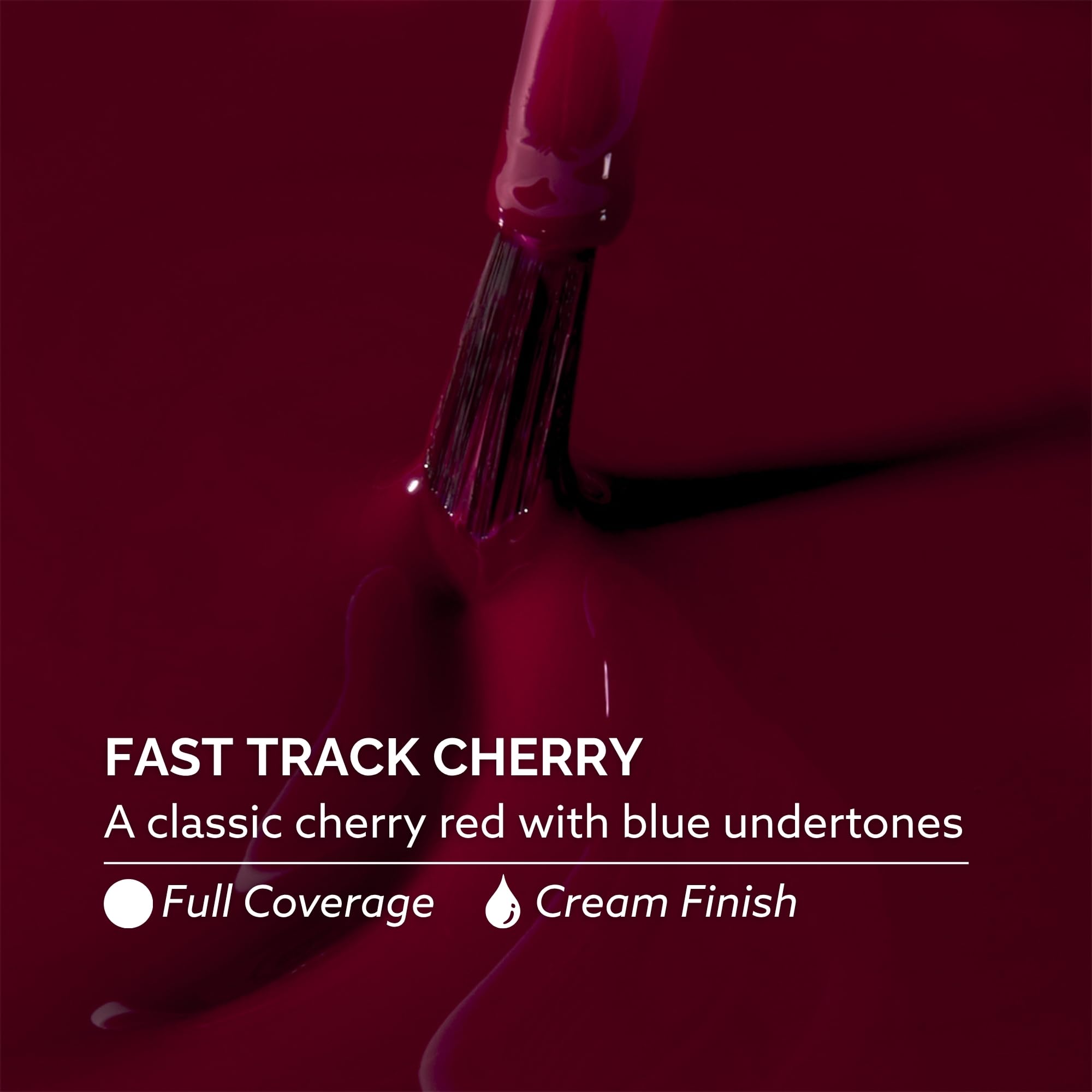 Dazzle Dry single-hand nail swatch of Fast Track Cherry for true color preview and shine