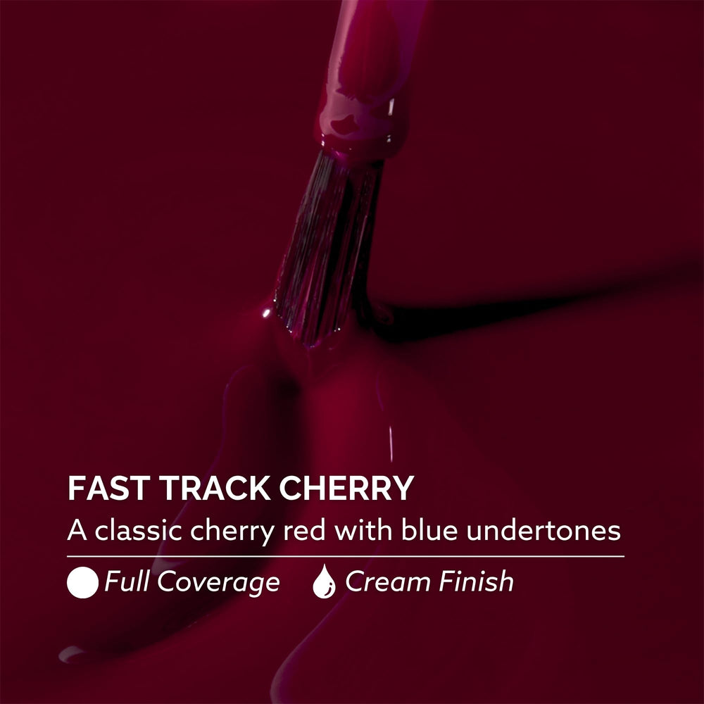 Dazzle Dry single-hand nail swatch of Fast Track Cherry for true color preview and shine