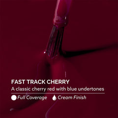 Dazzle Dry single-hand nail swatch of Fast Track Cherry for true color preview and shine
