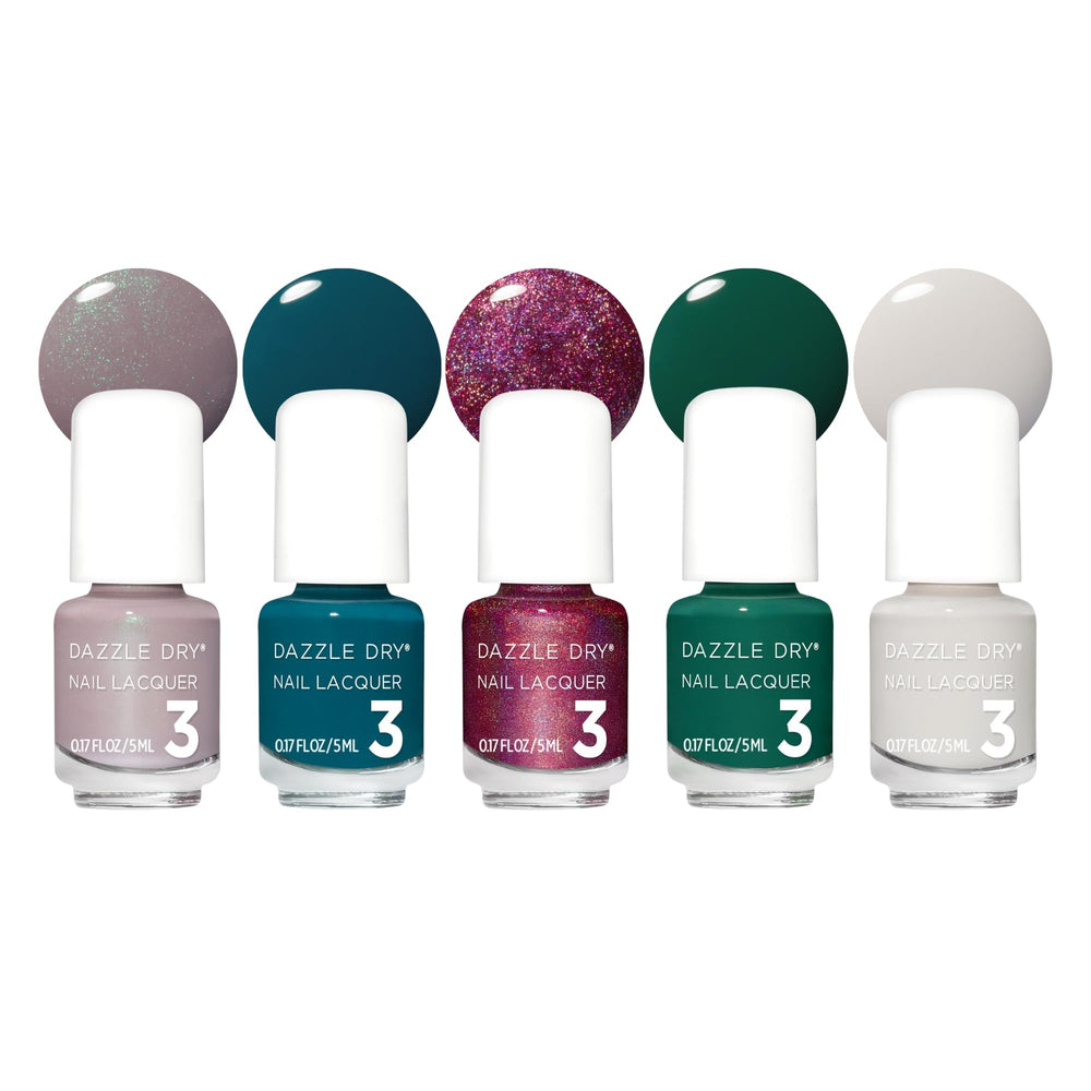 Dazzle Dry front packaging showing five mini lacquer bottles and colors benefits quick selection