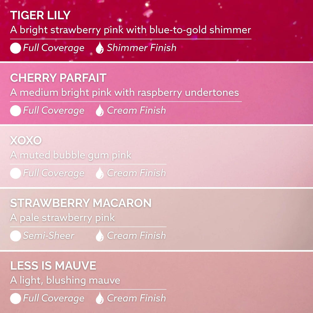 Dazzle Dry swatch sticks showing each pink shade and finish for easy selection