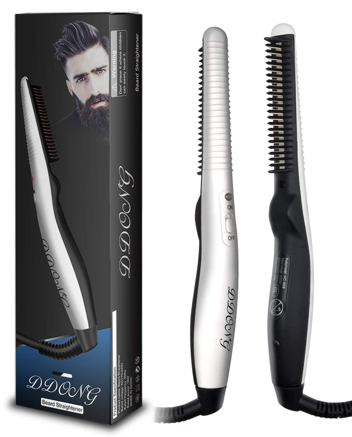 DDONG front view of heated beard comb highlighting controls and design benefit portability