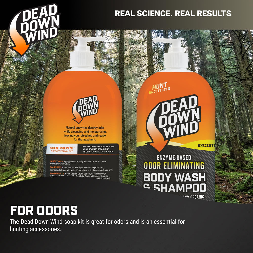 DEAD DOWN WIND label detail highlighting unscented and sensitive skin benefits