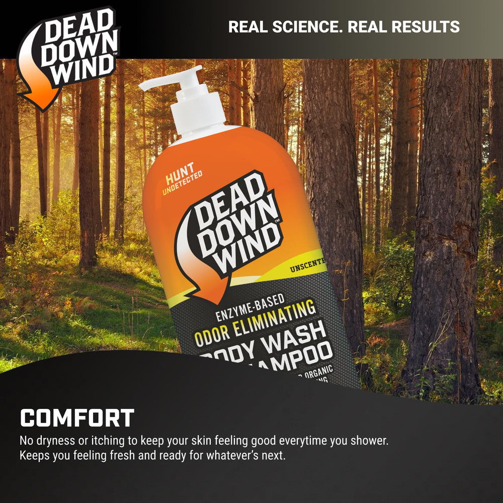 DEAD DOWN WIND bottle in shower setting showing convenient pre-hunt use