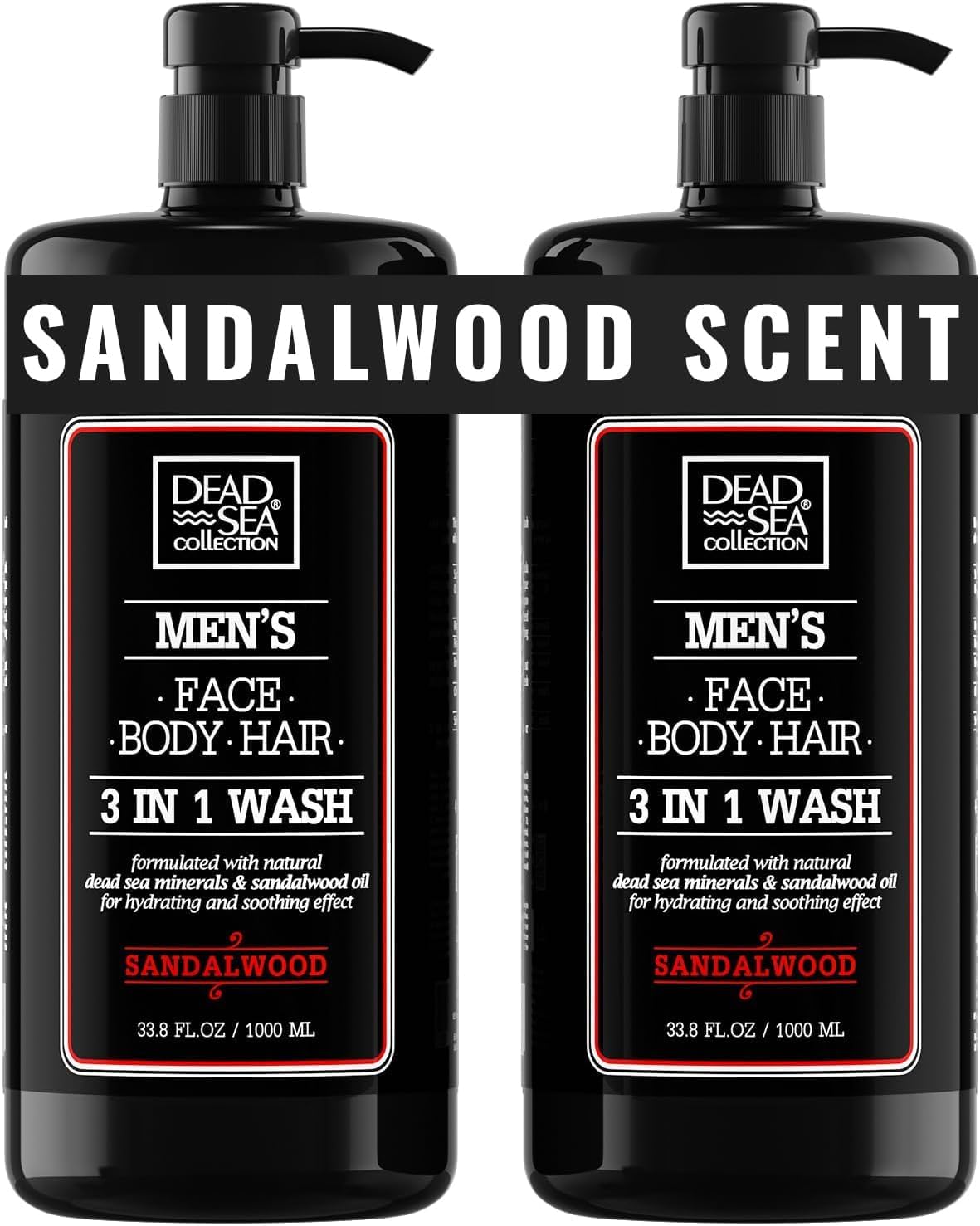Dead Sea Collection front label showing sandalwood 3‑in‑1 and benefits