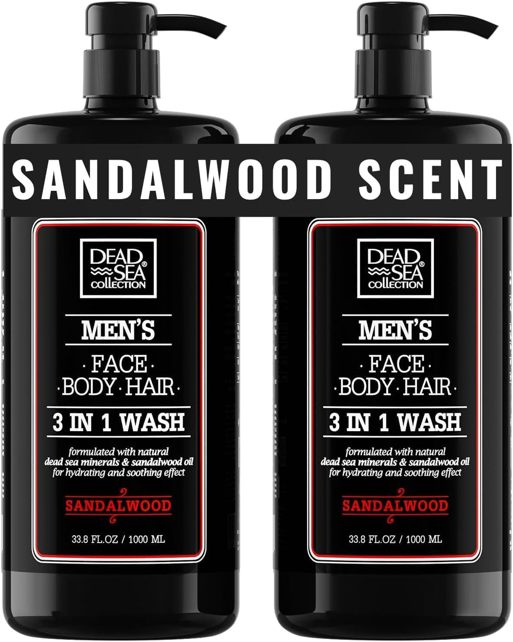 Dead Sea Collection front label showing sandalwood 3‑in‑1 and benefits