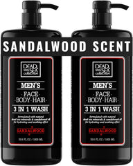 Dead Sea Collection front label showing sandalwood 3‑in‑1 and benefits