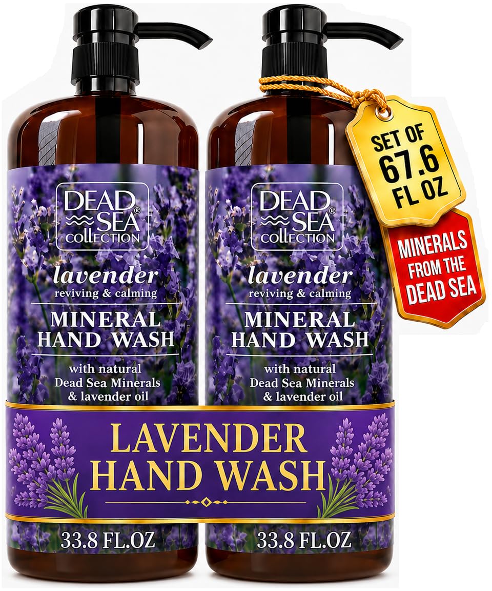 Dead Sea Collection front packaging showing two lavender pump bottles and benefits