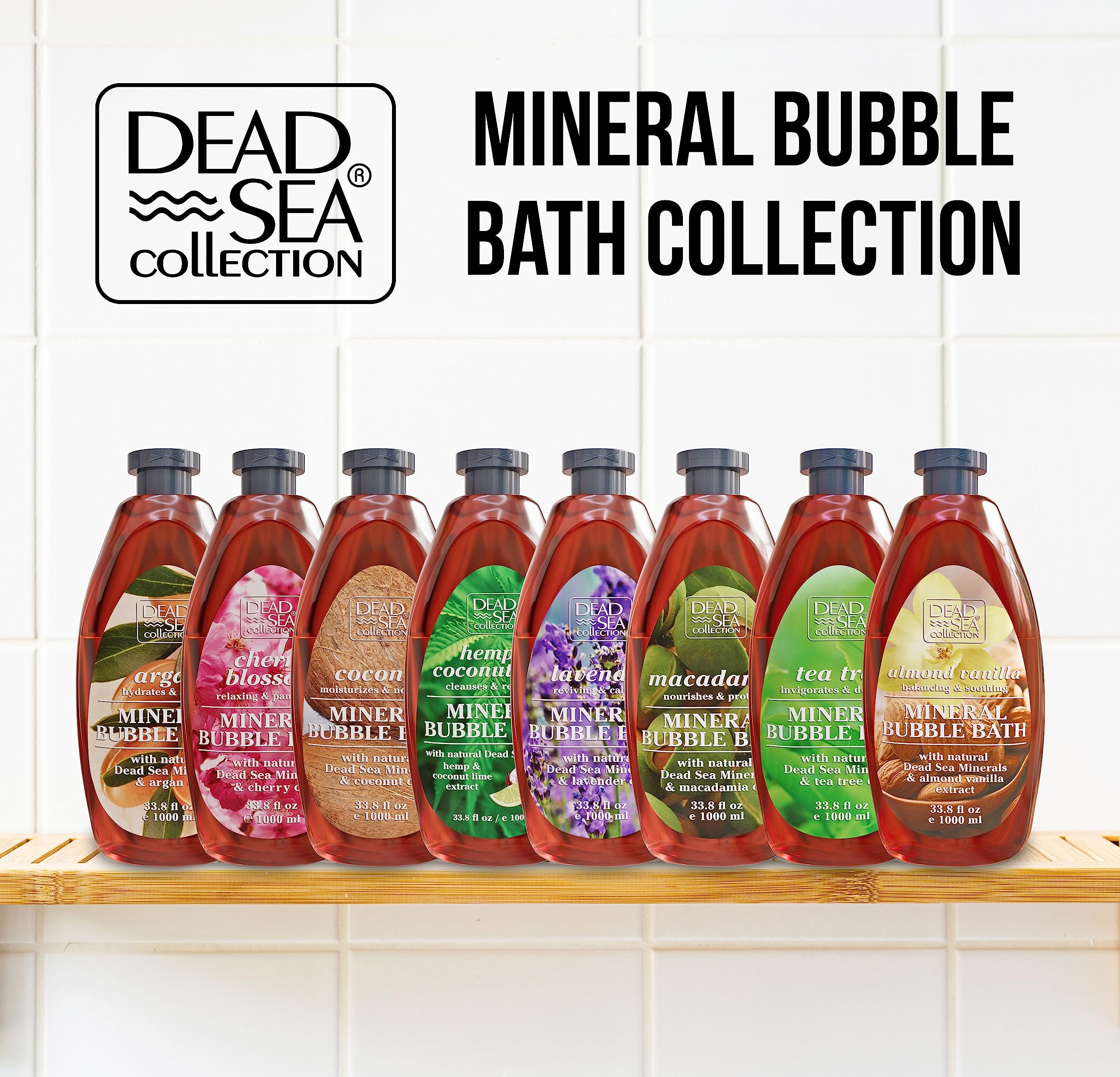 Dead Sea Collection bottle beside hand showing 33.8 fl oz scale