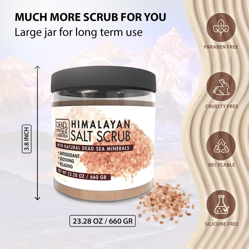 Dead Sea Collection jar next to hand demonstrating 23.28 oz scale benefit