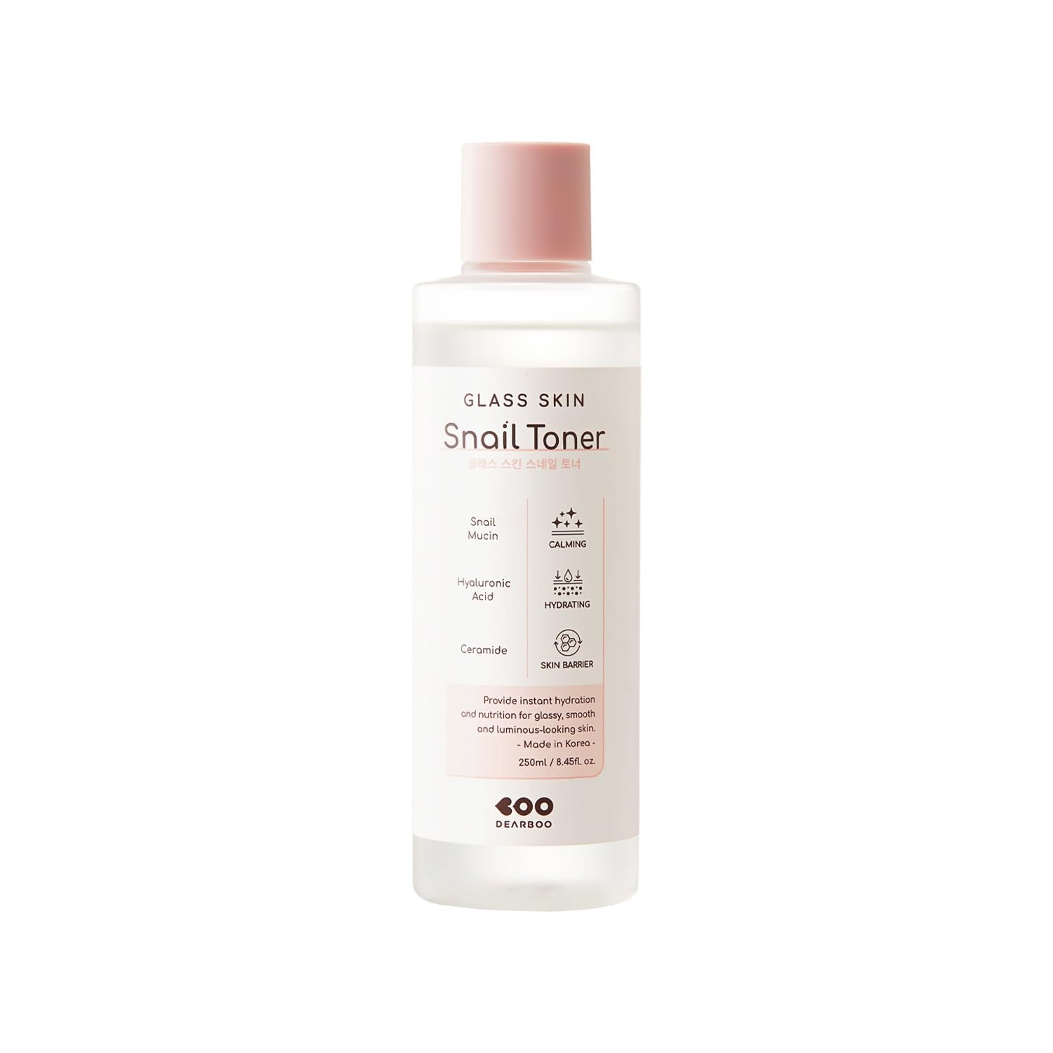 DEARBOO bottle front view showing product and hydrated skin benefit