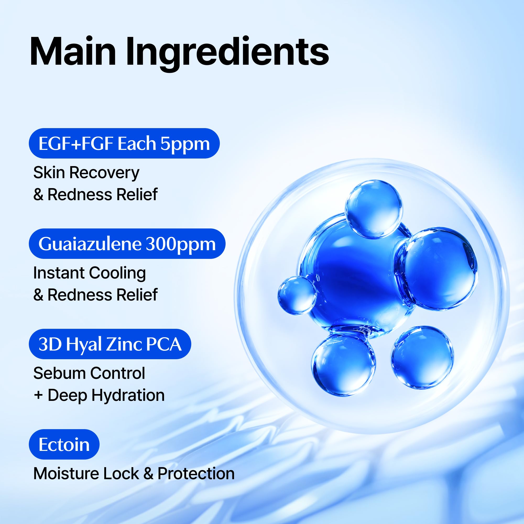 DearKlairs ingredient panel highlighting EGF, FGF and soothing actives