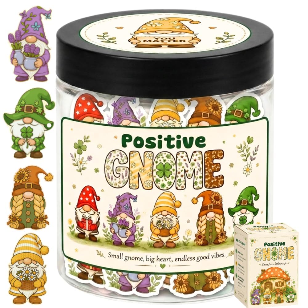 DEARMINE positive gnome jar front view showing cheerful label and sturdy glass jar for daily encouragement