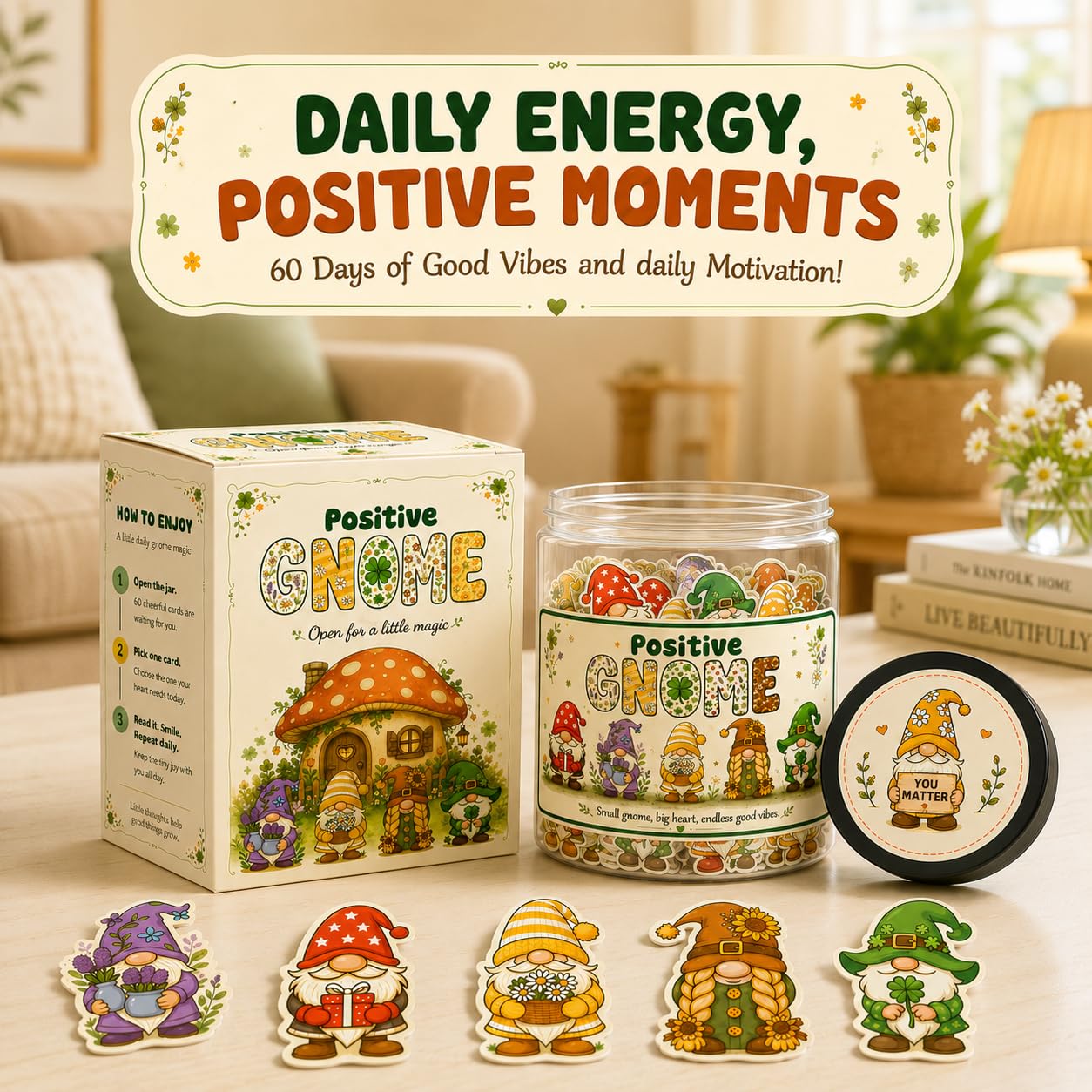 DEARMINE jar open with 60 affirmation cards visible, illustrating easy daily pull for positivity