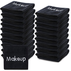 DEAYOU front view of 20-pack black towels showing tidy bundle and branding benefit