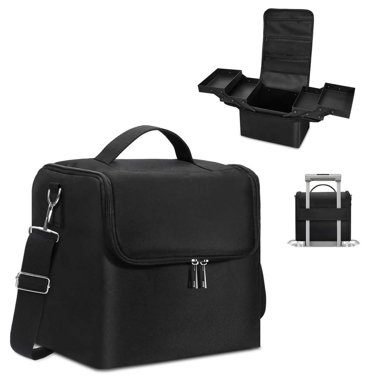Deciniee front view of large black train case showing professional look and capacity