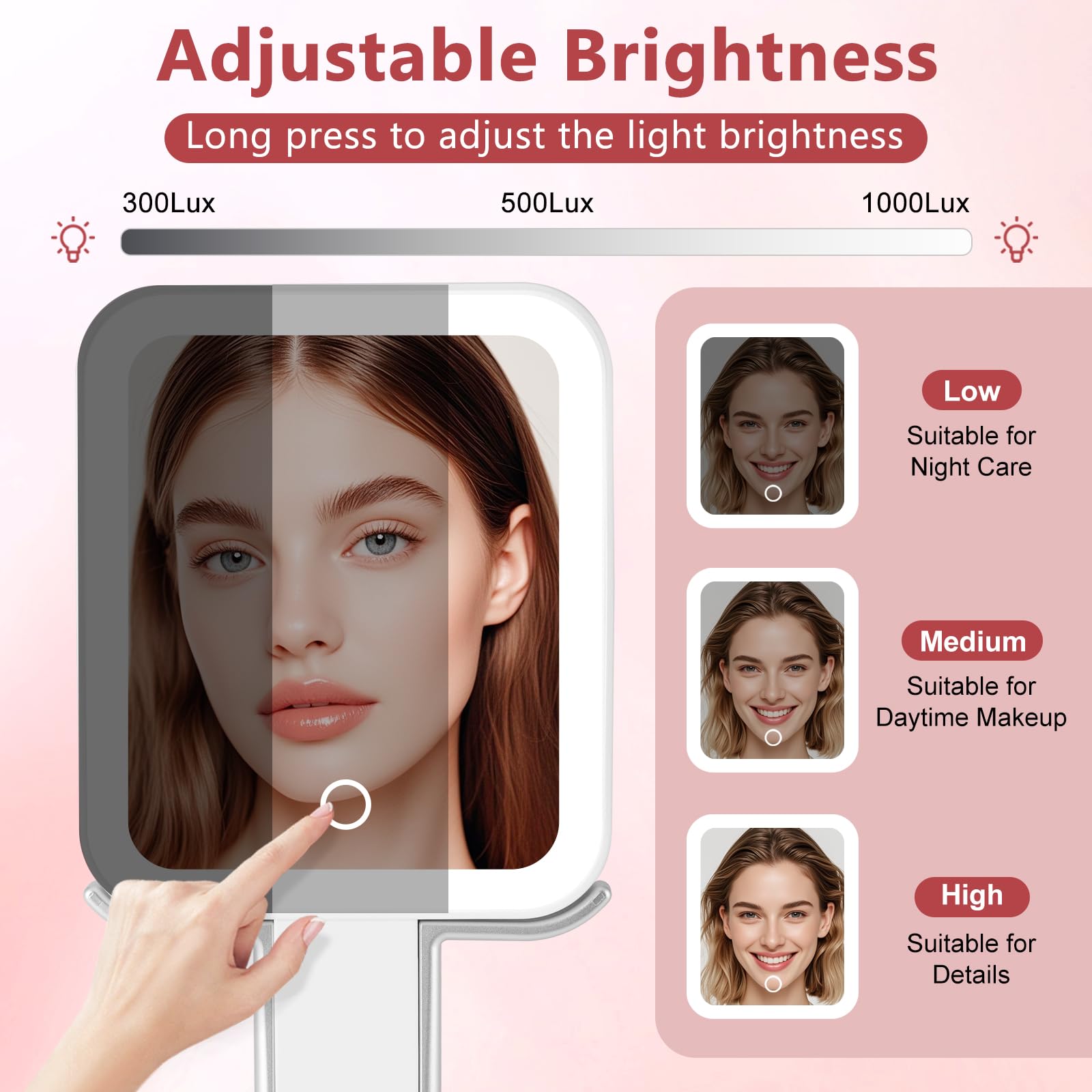 DECLUTTR handheld mirror in use showing easy portability and accurate makeup blending benefit