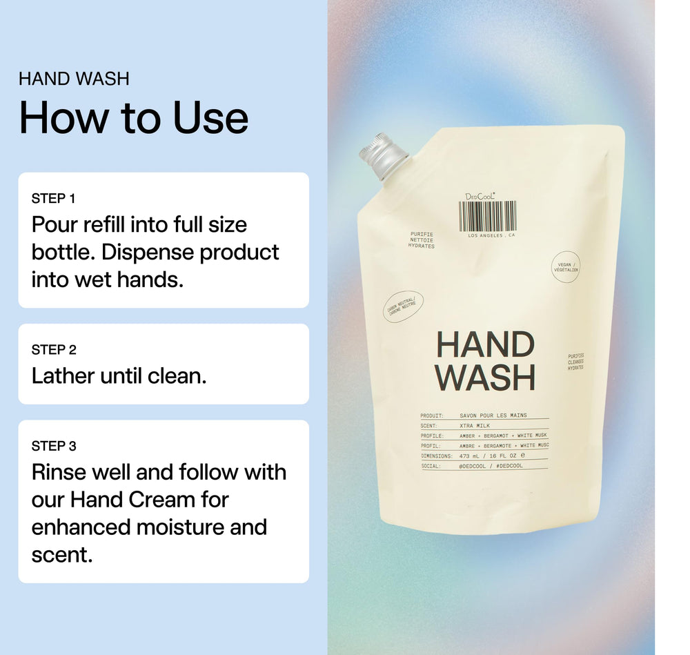 DedCool hand dispensing refill into a pump highlighting convenient refill use
