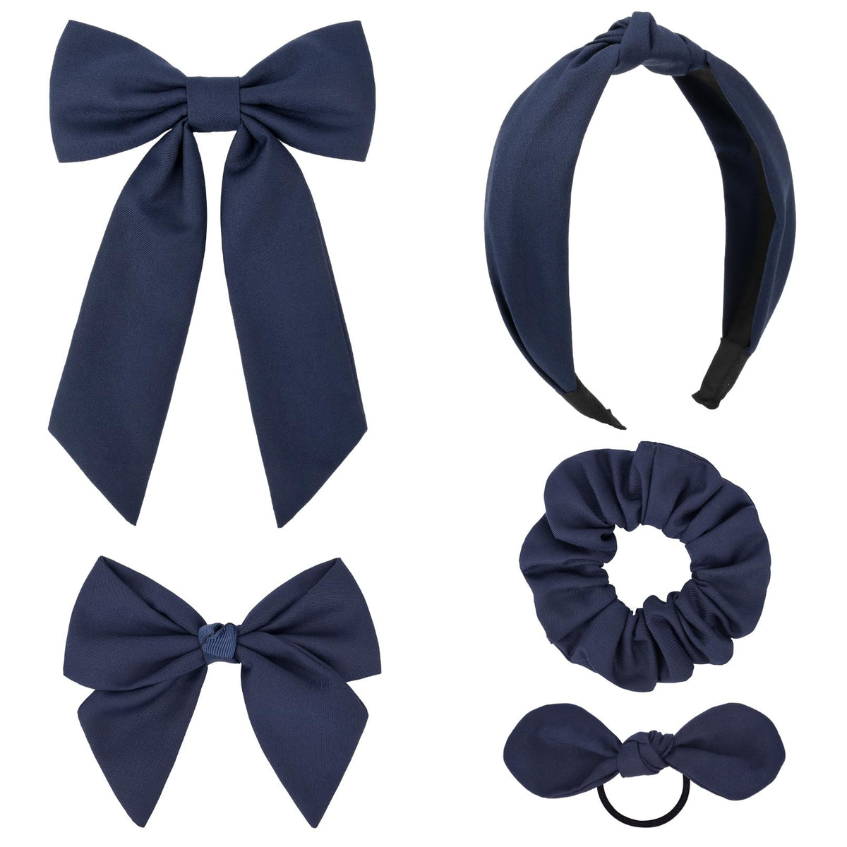 DEEKA front view of navy plaid bow set showcasing complete uniform-ready accessories