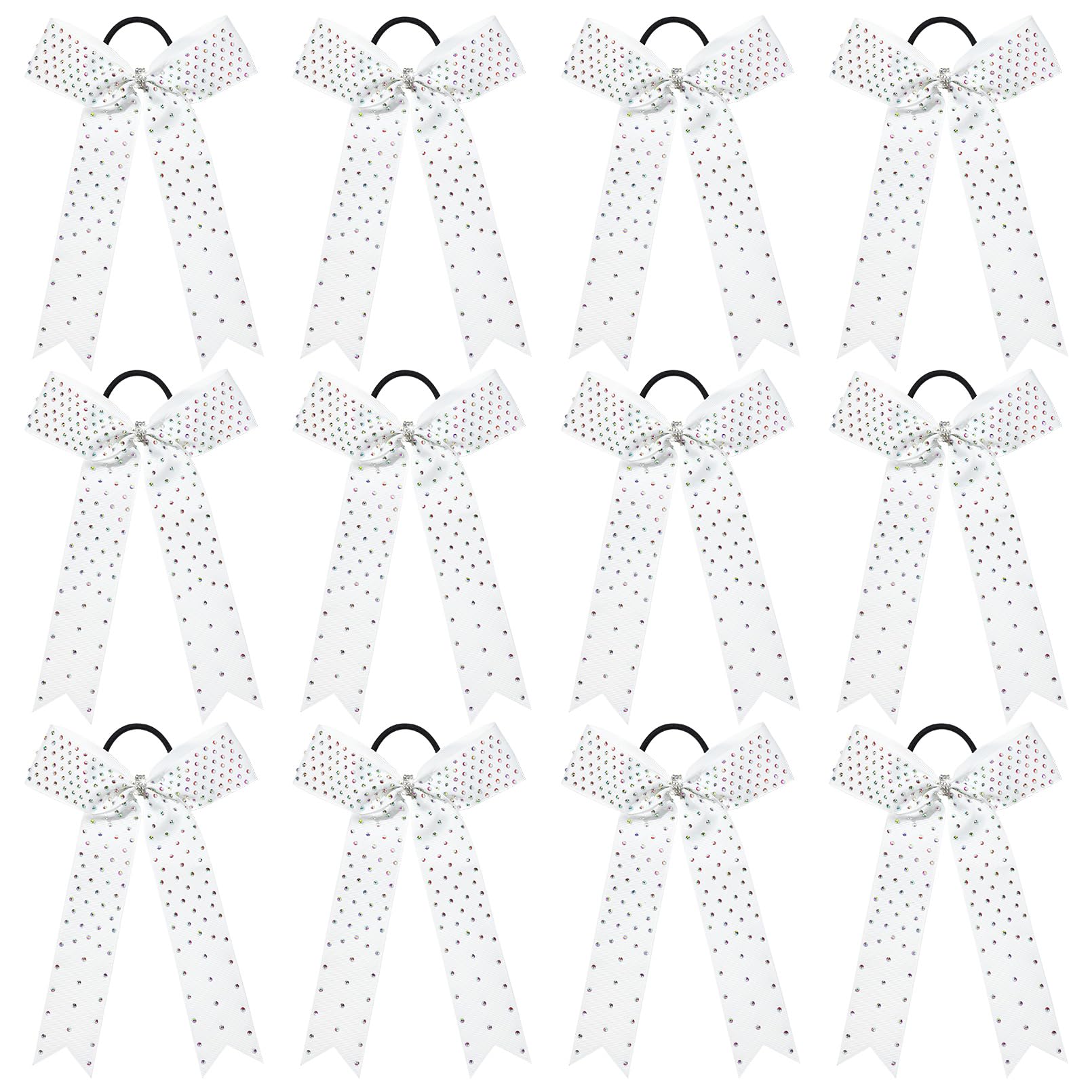 DEEKA front view of white rhinestone cheer bow showing polished look and team uniformity
