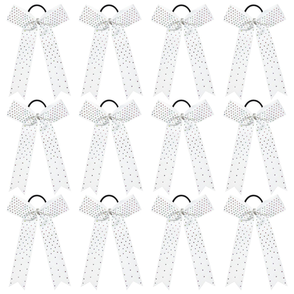 DEEKA front view of white rhinestone cheer bow showing polished look and team uniformity