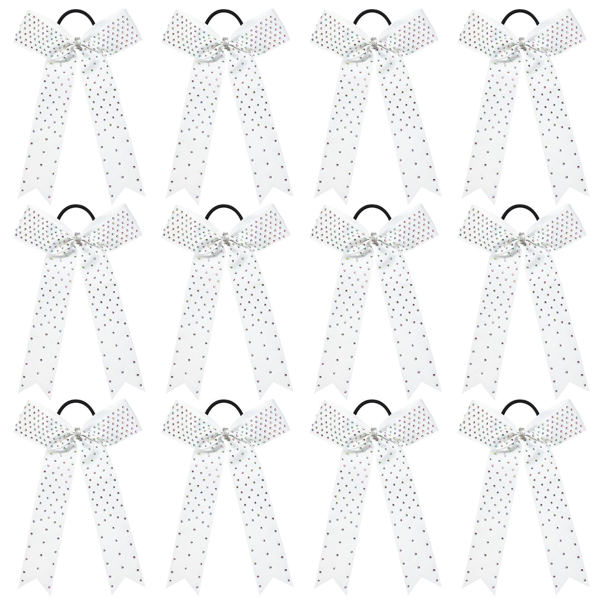 DEEKA front view of white rhinestone cheer bow showing polished look and team uniformity
