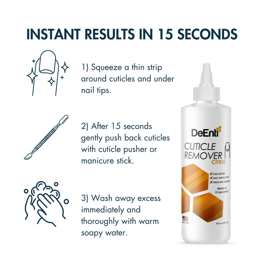 DeEnti citrus cuticle remover bottle closeup highlighting label and volume