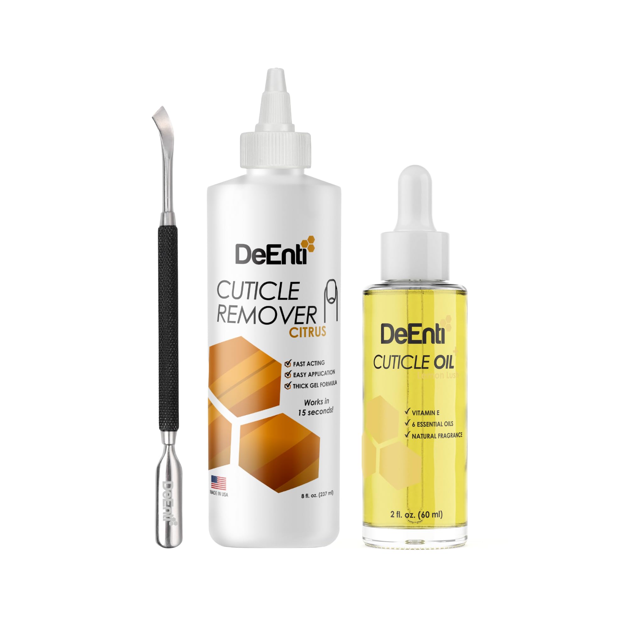 DeEnti cuticle set front packaging showing all components and benefits
