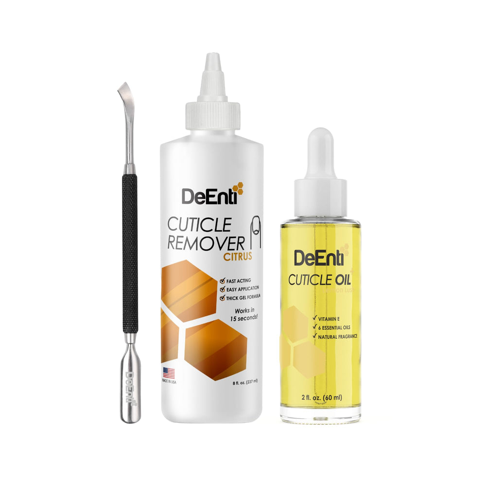 DeEnti cuticle set front packaging showing all components and benefits
