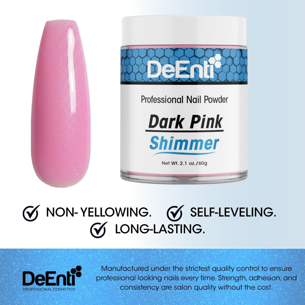 DeEnti dark pink powder swatch on nail tip showing even coverage benefit