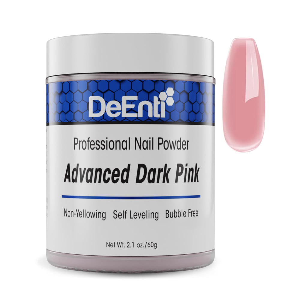 DeEnti tub front showing dark pink acrylic powder and clear labeling, professional finish