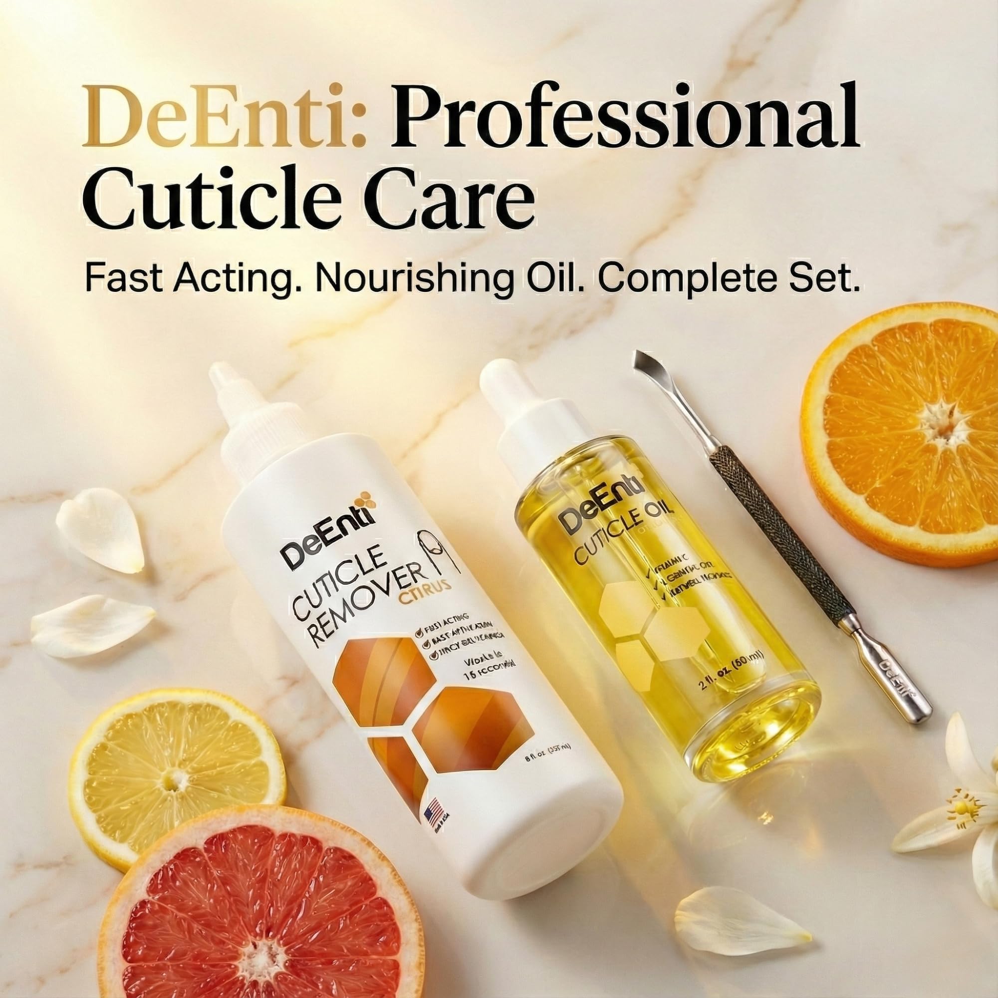 DeEnti metal cuticle pusher detail showing scoop and flat ends for precision