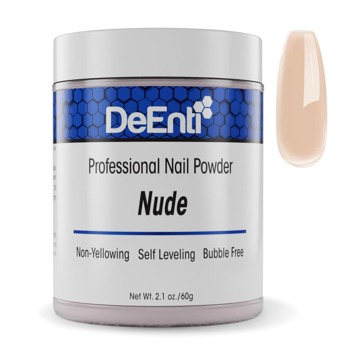 DeEnti jar front showing nude powder and clear labeling for easy identification