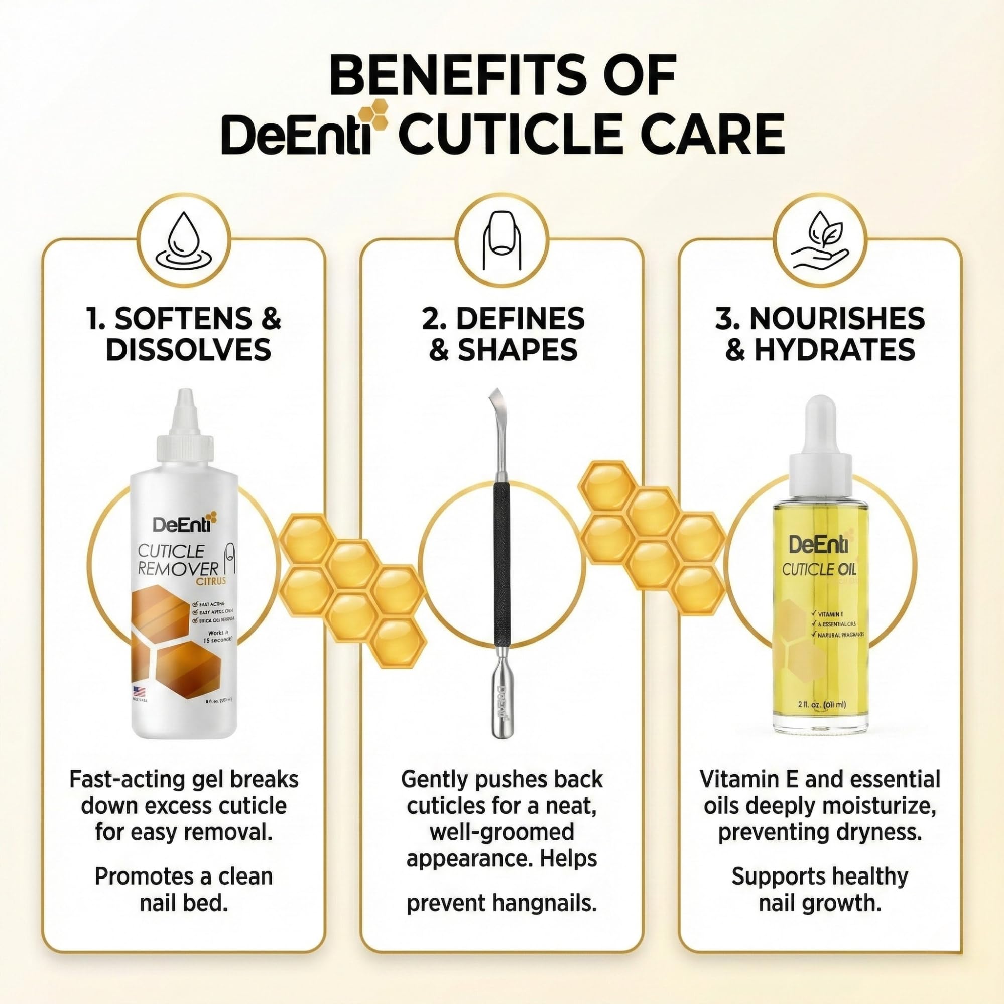 DeEnti products next to a hand to show size and real-life scale