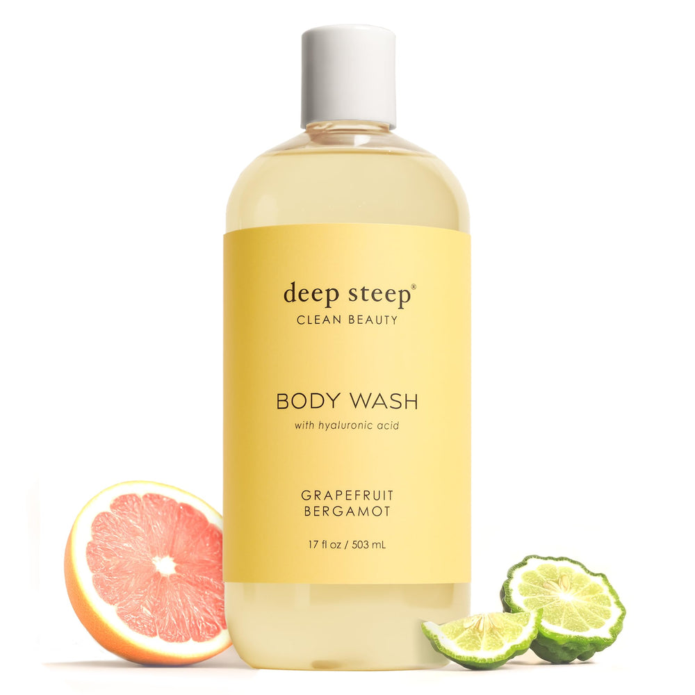 Deep Steep front bottle showing grapefruit bergamot scent and hydrating benefits