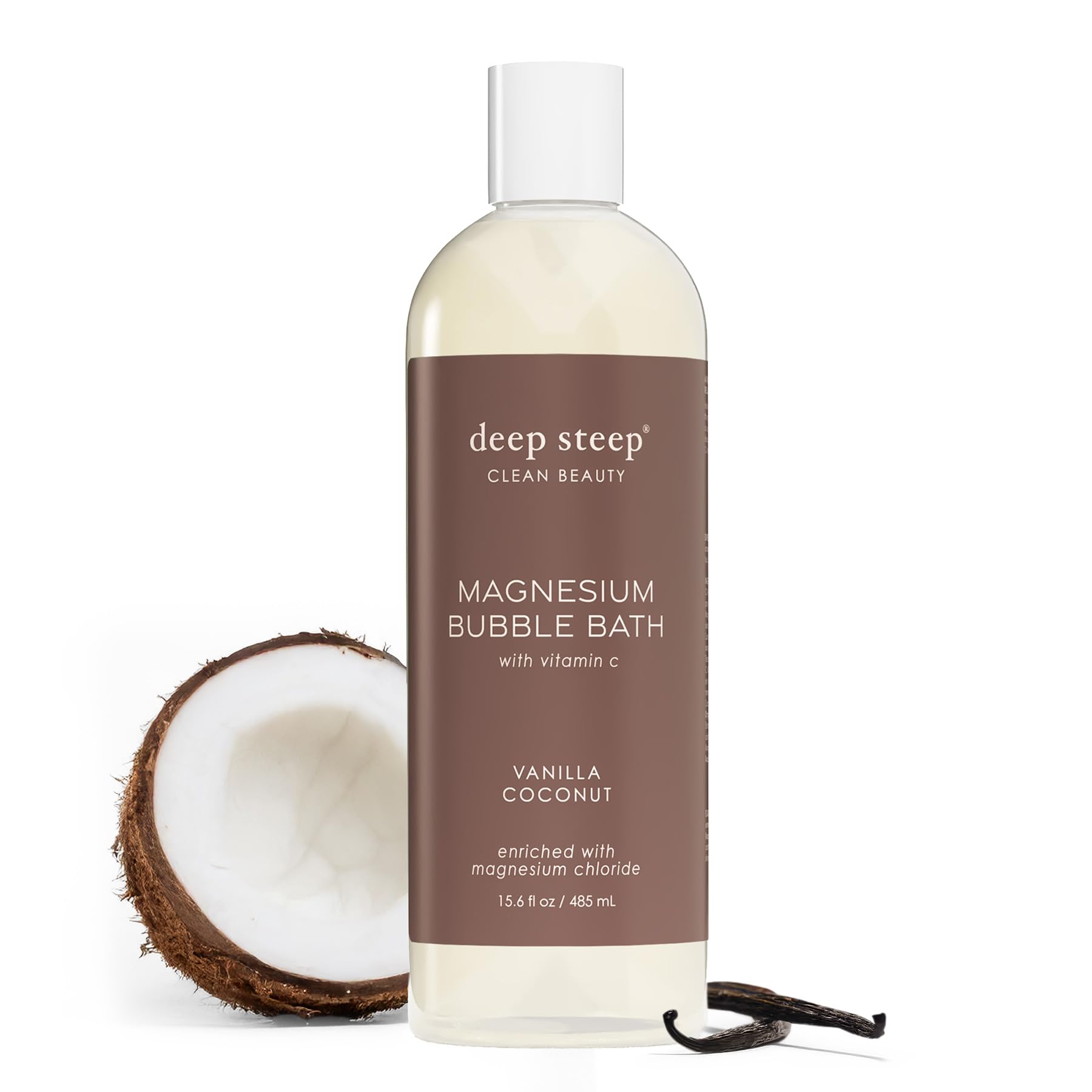 Deep Steep bottle front view showing size and calming vanilla coconut scent benefit