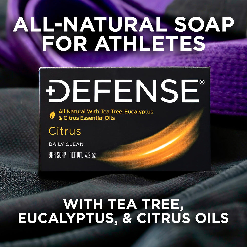 Defense Soap bar in shower setting illustrating convenient post-workout use