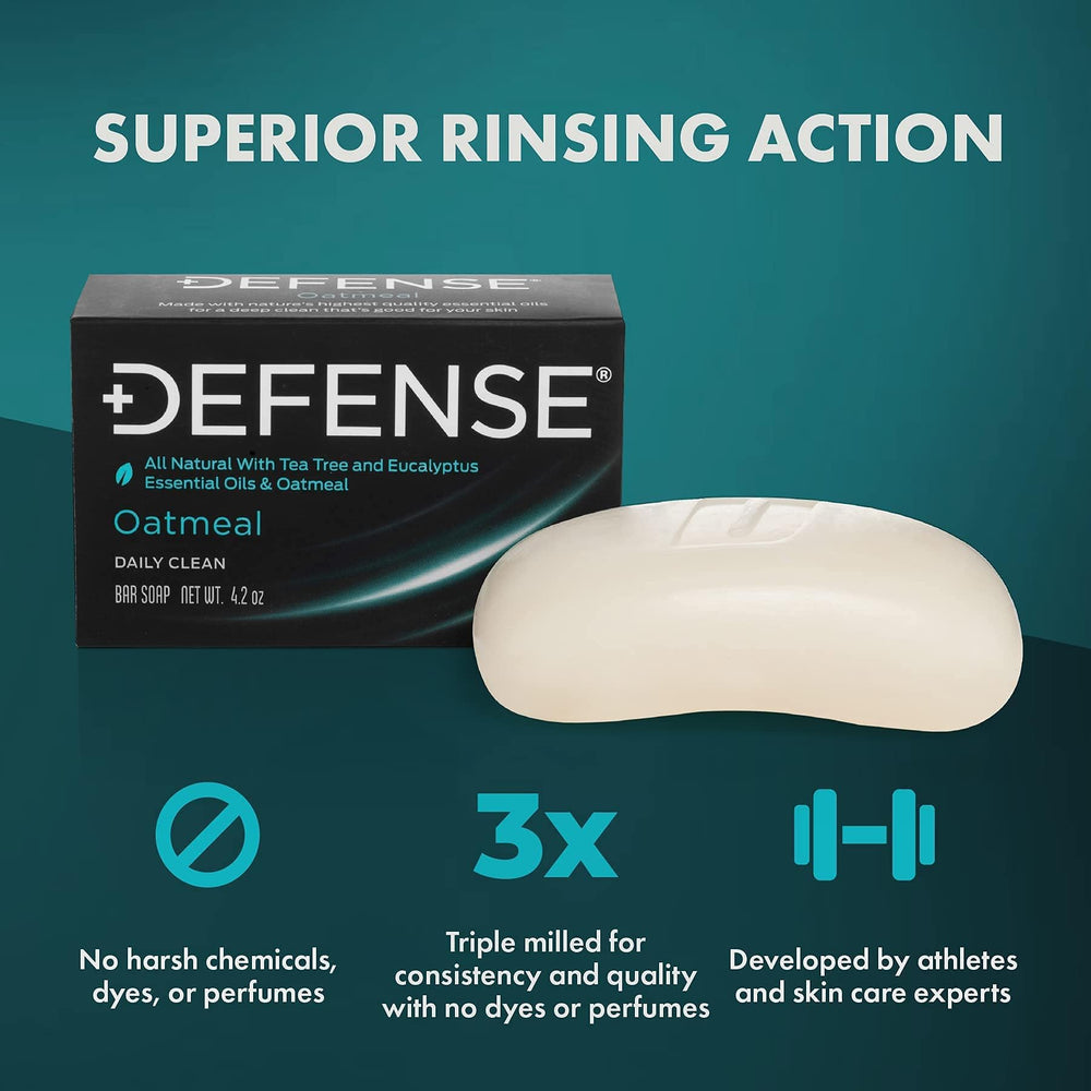 Defense Soap bar next to ruler showing scale and generous bar size for lasting use