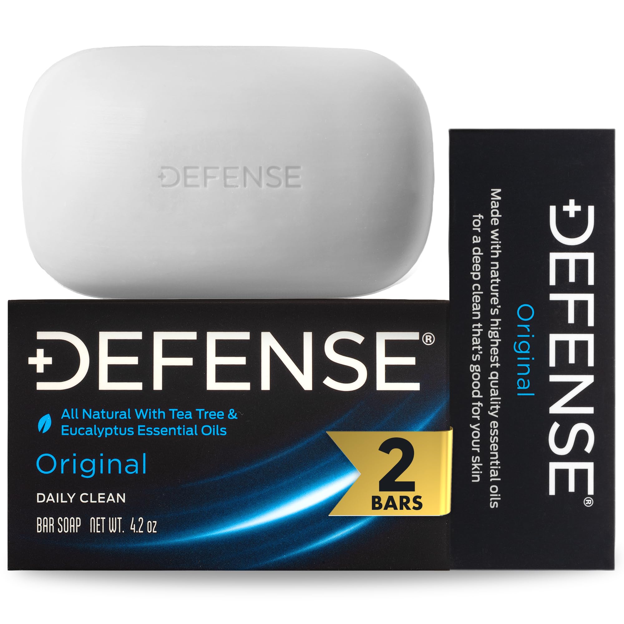 Defense Soap front packaging showing two natural tea tree bars and brand clarity