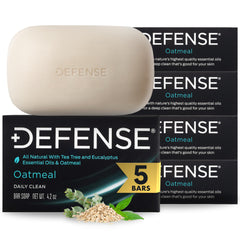 Defense Soap front pack showing five oatmeal bars and branding benefit clean supply