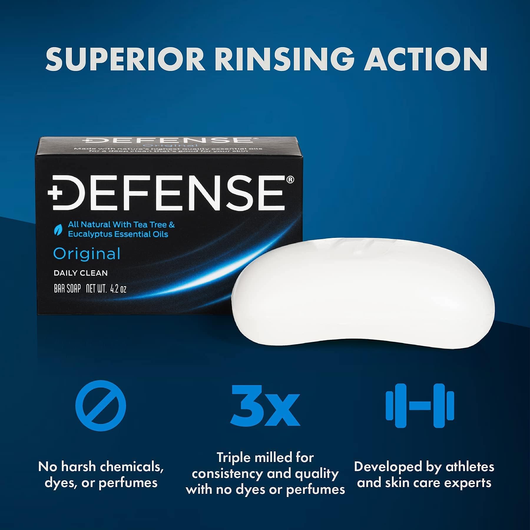 Defense Soap ingredient label showing tea tree and eucalyptus composition benefits